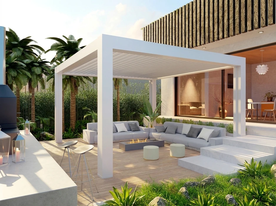 Terrasse extérieure moderne avec pergola bioclimatique blanche à lames orientables