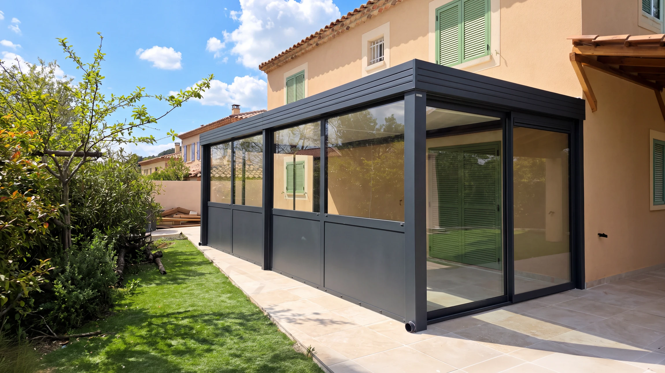 Véranda moderne à structure aluminium anthracite avec toiture plate et vitrages panoramiques