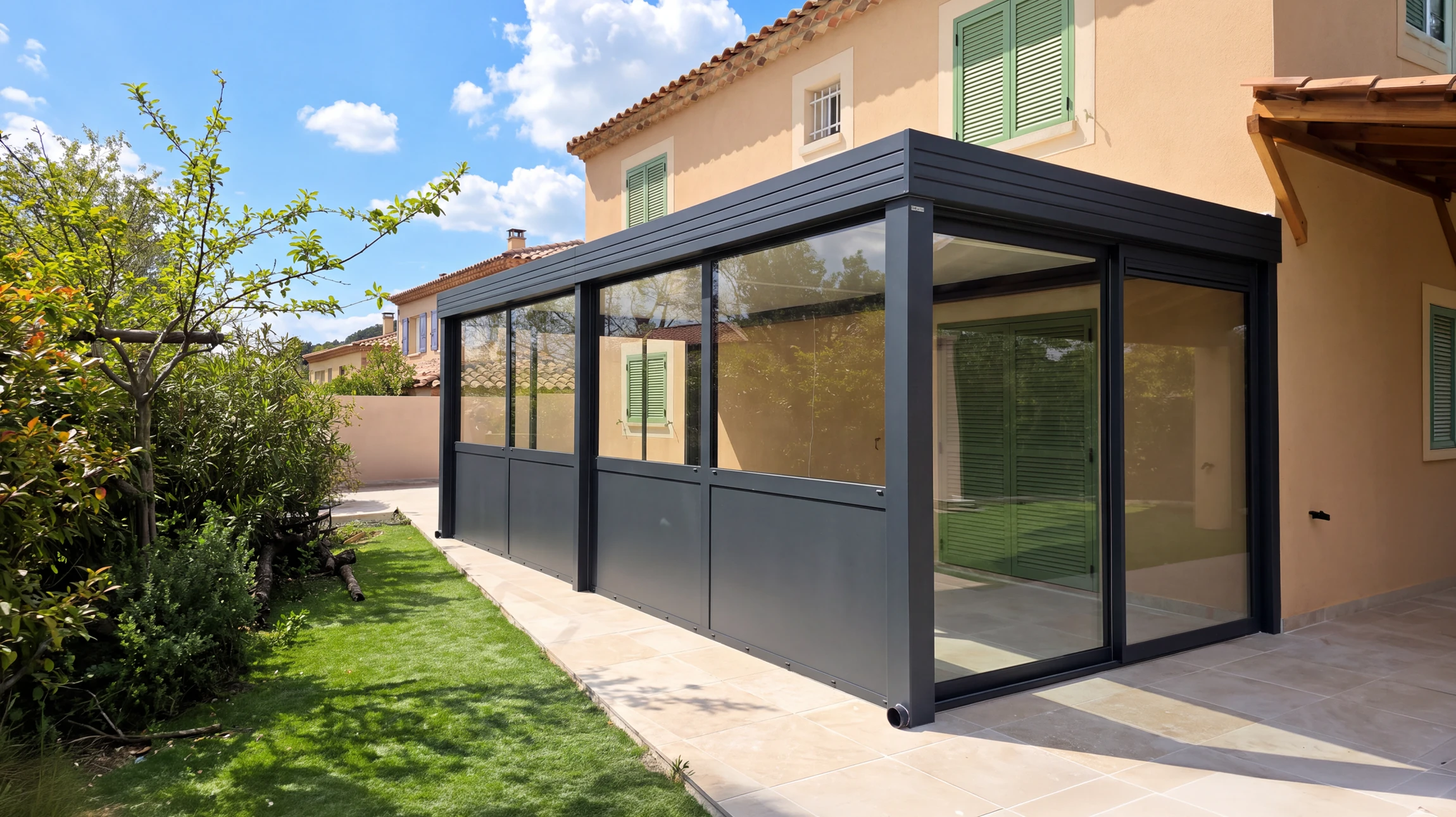 Entrée extérieure de maison moderne avec porte d'entrée contemporaine noire à panneau vitré supérieur et poignée métallique dorée