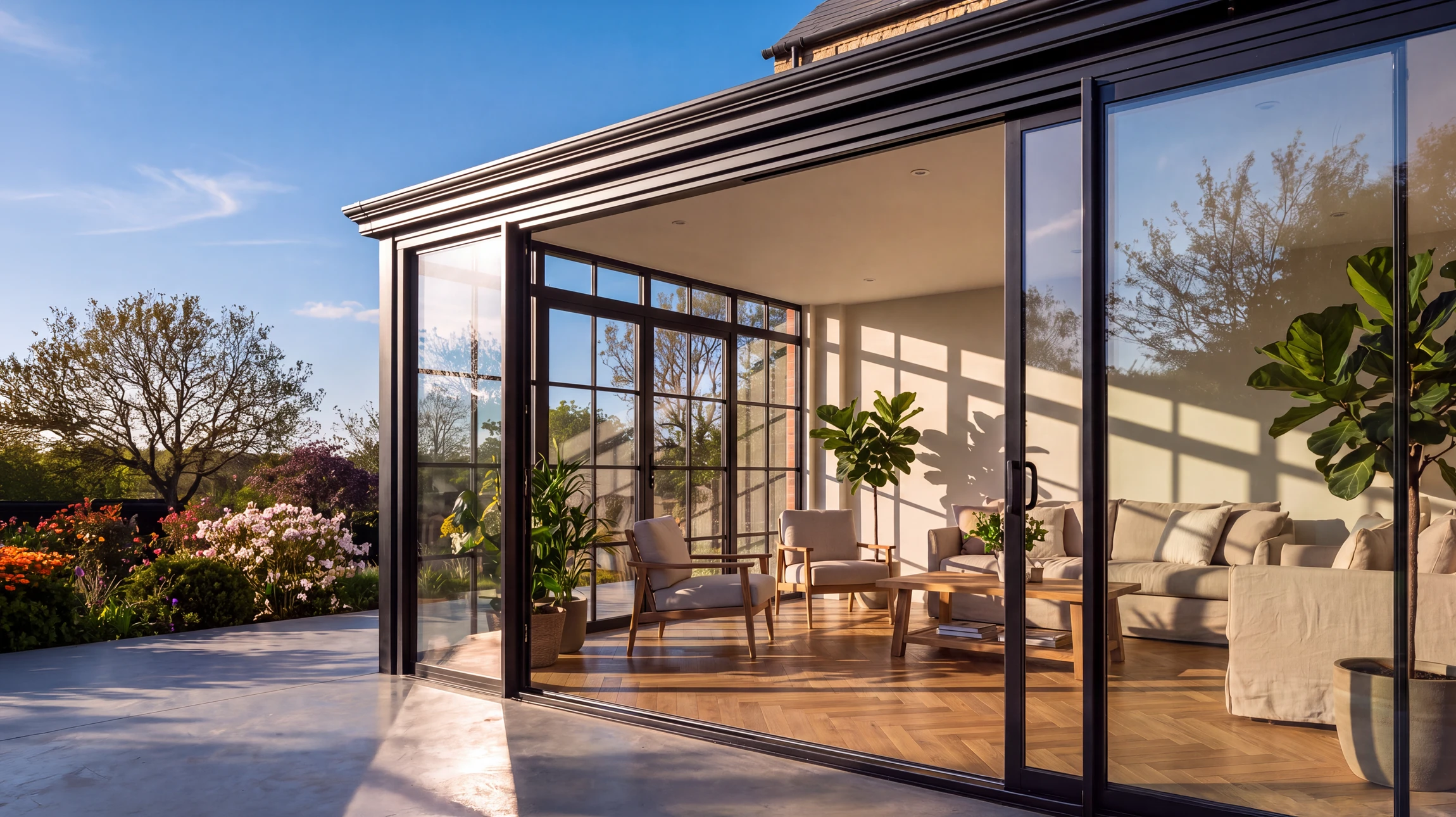 Extension vitrée contemporaine accolée à une maison en pierre, avec toit plat monopente en zinc anthracite et lanterneau