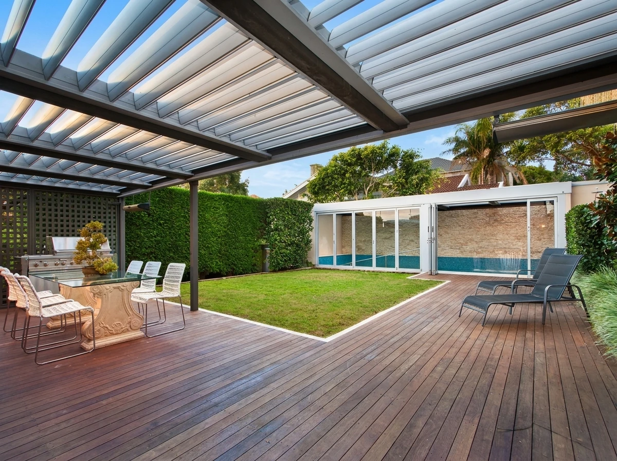 Véranda moderne à structure aluminium anthracite avec toiture plate et vitrages panoramiques