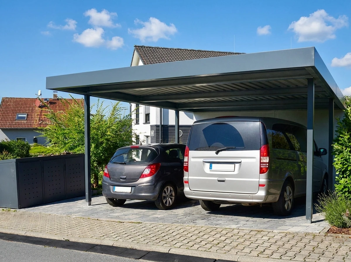 Véranda moderne attenante à maison blanche, jardin résidentiel avec pelouse